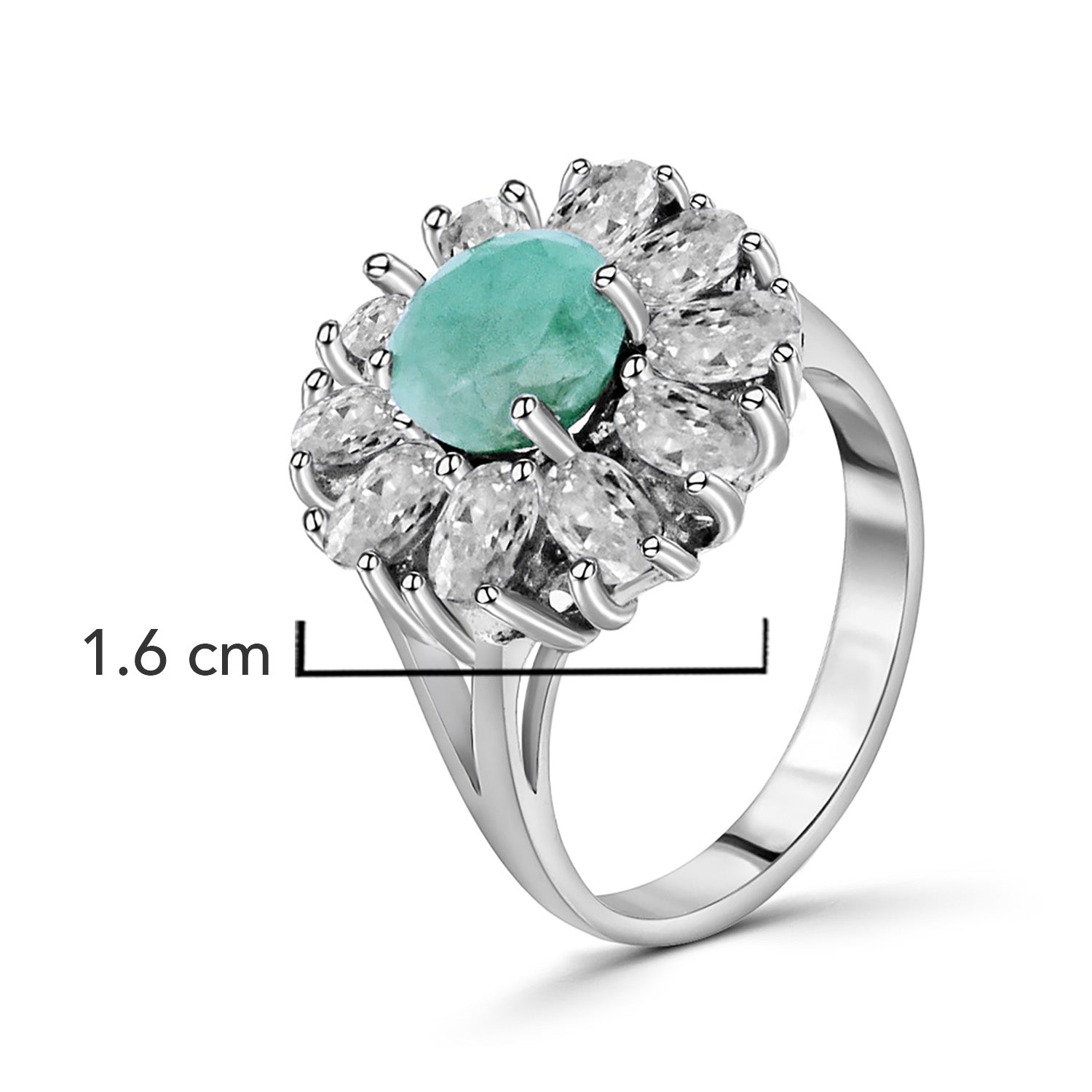 Anillo Piedras Preciosas Flor Grande de Esmeralda con Circonias, Plata .925 con Baño de Rodio