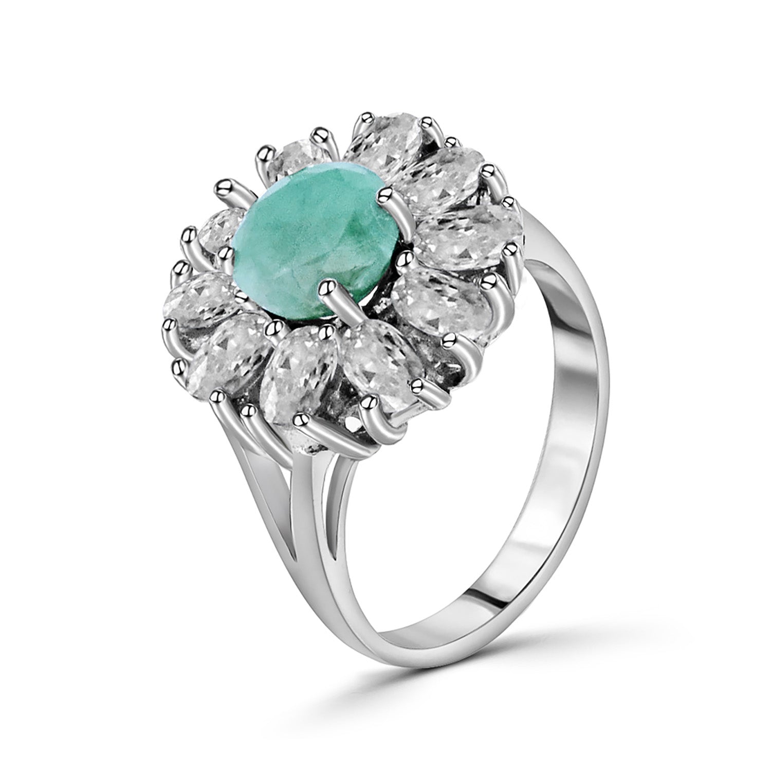Anillo Piedras Preciosas Flor Grande de Esmeralda con Circonias, Plata .925 con Baño de Rodio