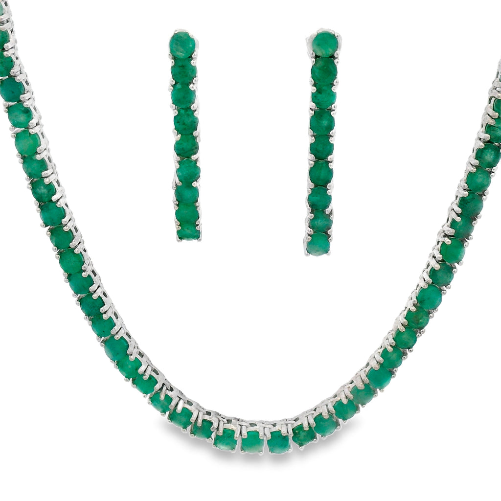Juego Piedras Preciosas Collar y Aretes Esmeralda, Plata .925 con Baño de Rodio