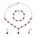 Juego Piedras Preciosas Rubí, Collar, Pulsera y Aretes de Gota con Circonias, Plata .925 con Baño de Rodio