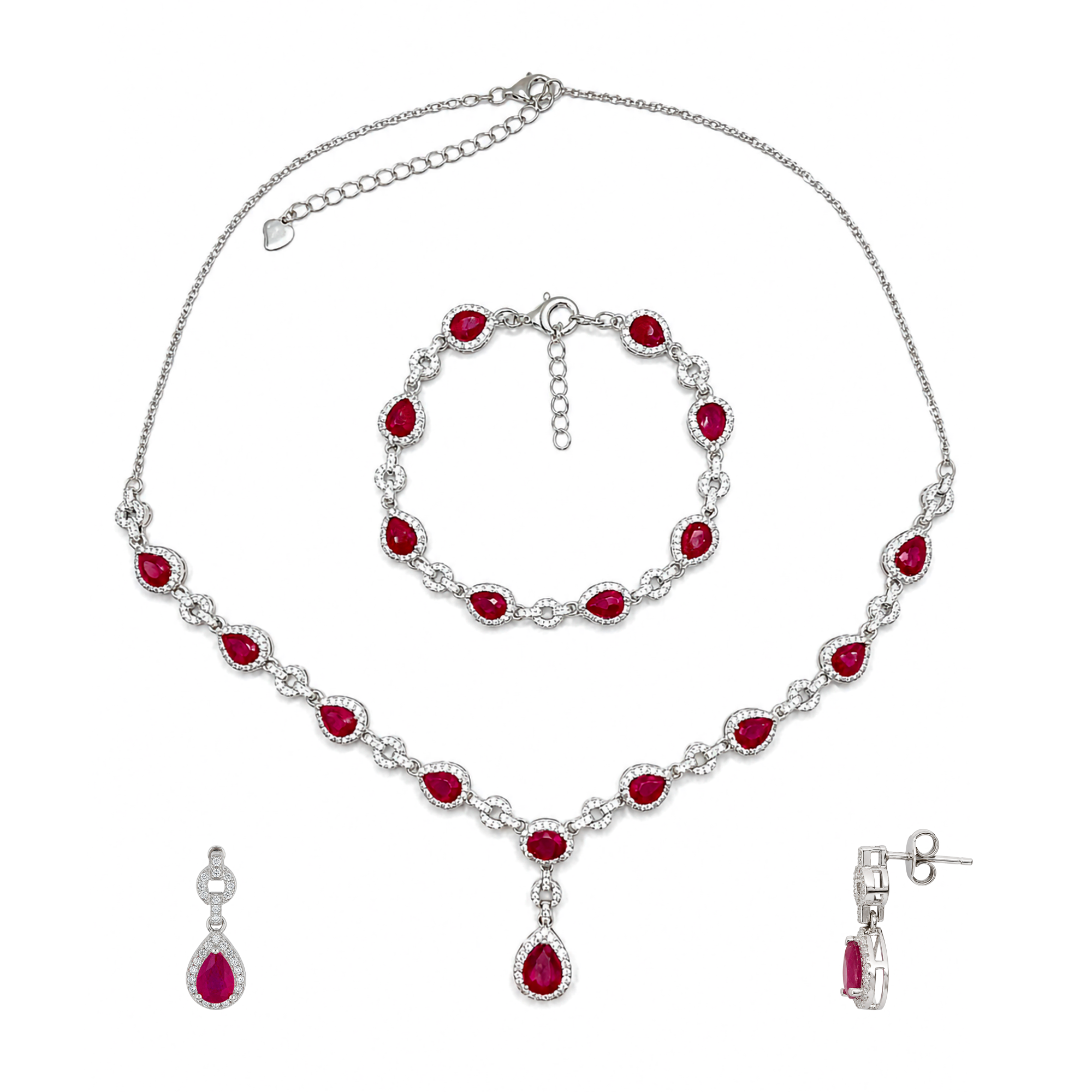 Juego Piedras Preciosas Rubí, Collar, Pulsera y Aretes de Gota con Circonias, Plata .925 con Baño de Rodio
