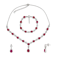 Juego Piedras Preciosas Rubí, Collar, Pulsera y Aretes de Gota con Circonias, Plata .925 con Baño de Rodio