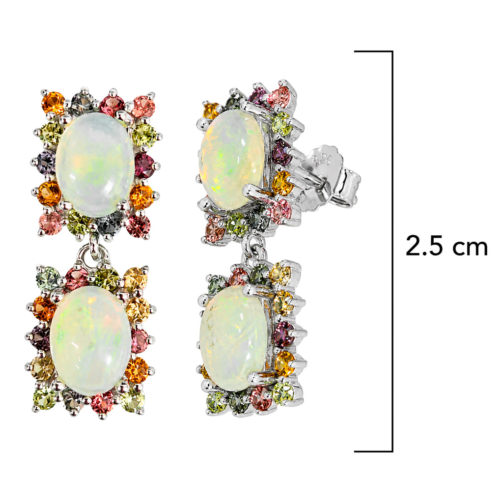 Aretes Piedras Preciosas Doble Ópalo de Etiopía con Citrino, Zafiro y Turmalinas, Plata .925 con Baño de Rodio