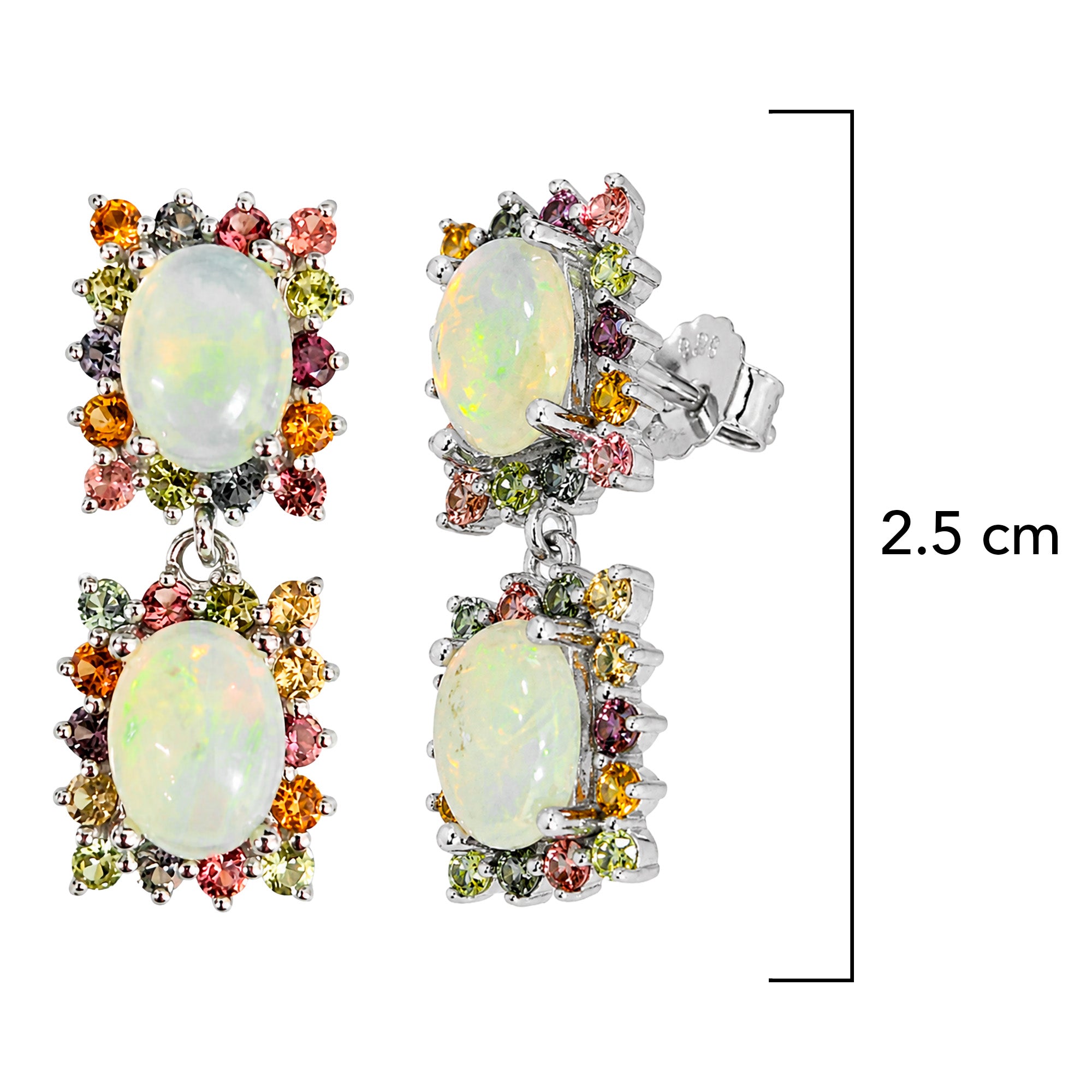 Aretes Piedras Preciosas Doble Ópalo de Etiopía con Citrino, Zafiro y Turmalinas, Plata .925 con Baño de Rodio