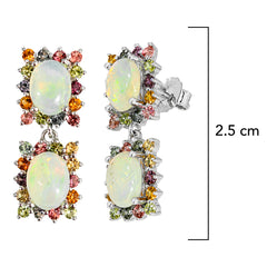 Aretes Piedras Preciosas Doble Ópalo de Etiopía con Citrino, Zafiro y Turmalinas, Plata .925 con Baño de Rodio