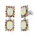 Aretes Piedras Preciosas Doble Ópalo de Etiopía con Citrino, Zafiro y Turmalinas, Plata .925 con Baño de Rodio