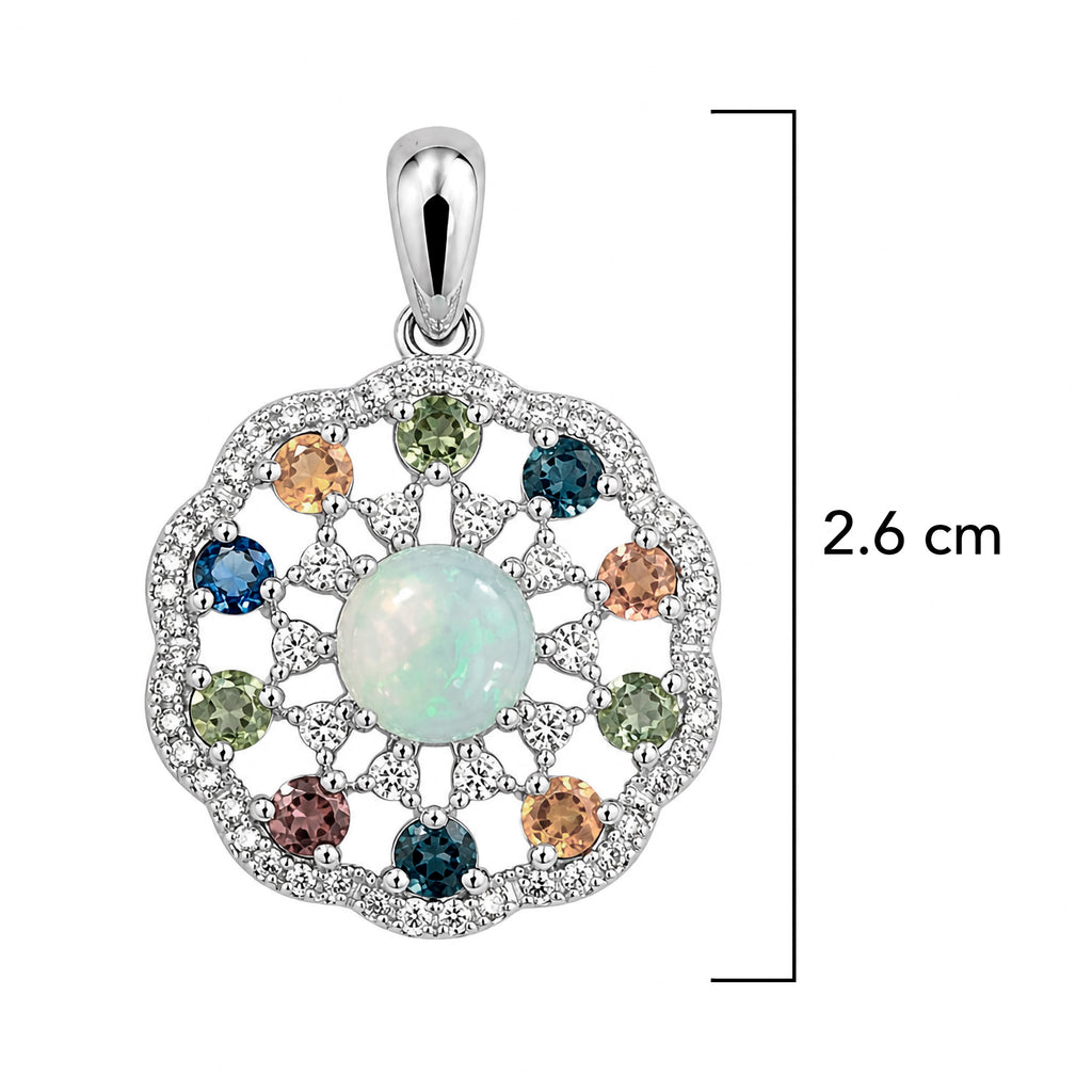 Dije Piedras Preciosas Flor Circular de Ópalo de Etiopía con Citrino, Peridoto, Turmalinas y Zafiro, Plata .925 con Baño de Rodio