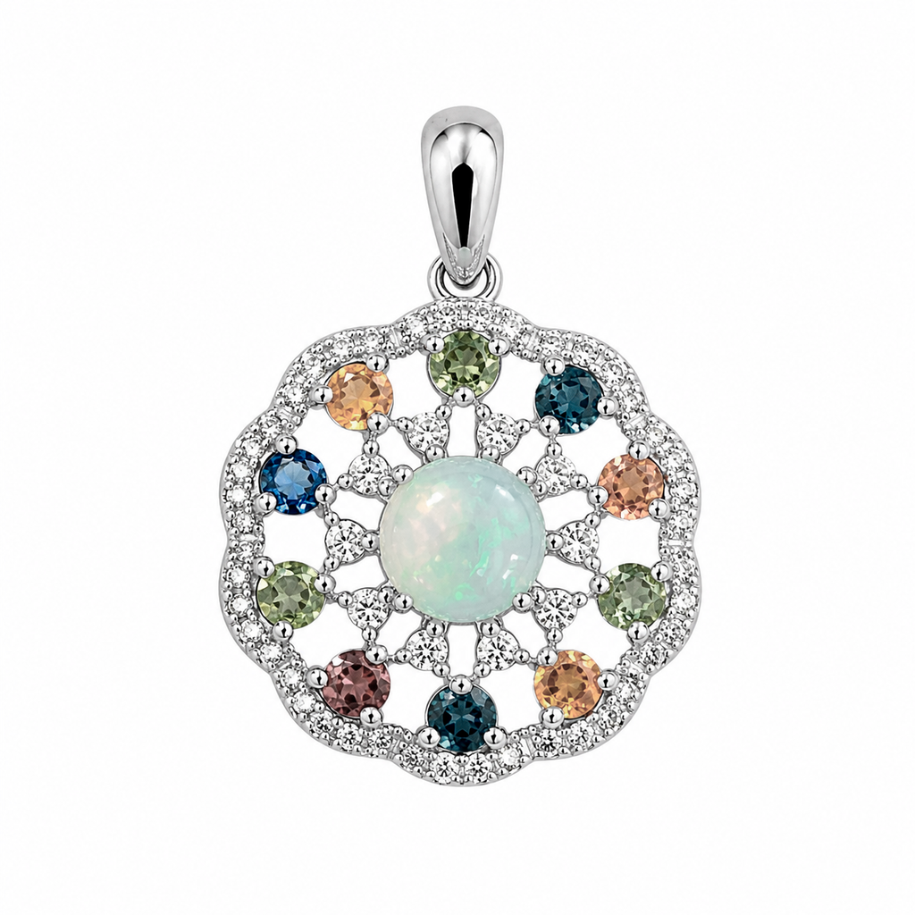 Dije Piedras Preciosas Flor Circular de Ópalo de Etiopía con Citrino, Peridoto, Turmalinas y Zafiro, Plata .925 con Baño de Rodio