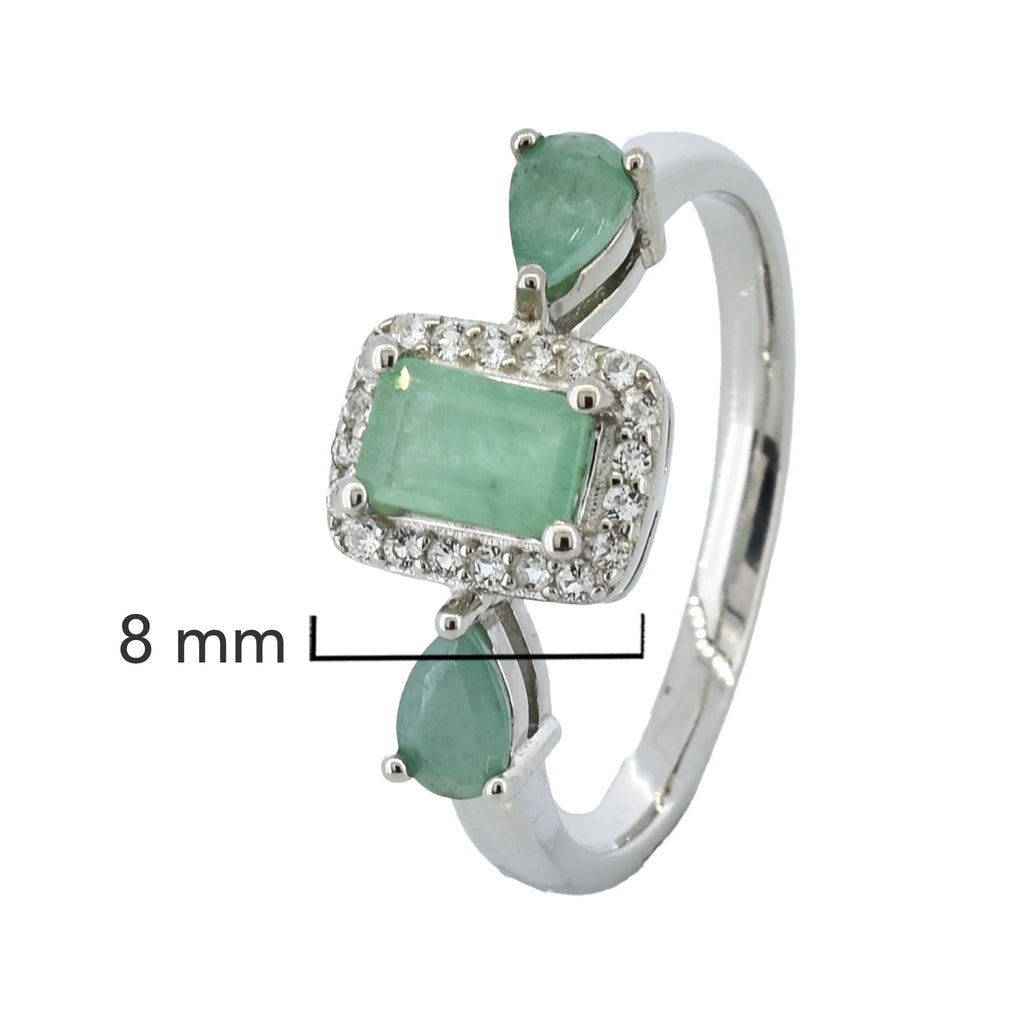 Anillo Piedras Preciosas Esmeralda Rectangular con Circonias y 2 Esmeraldas en Gota, Plata .925 con Baño de Rodio