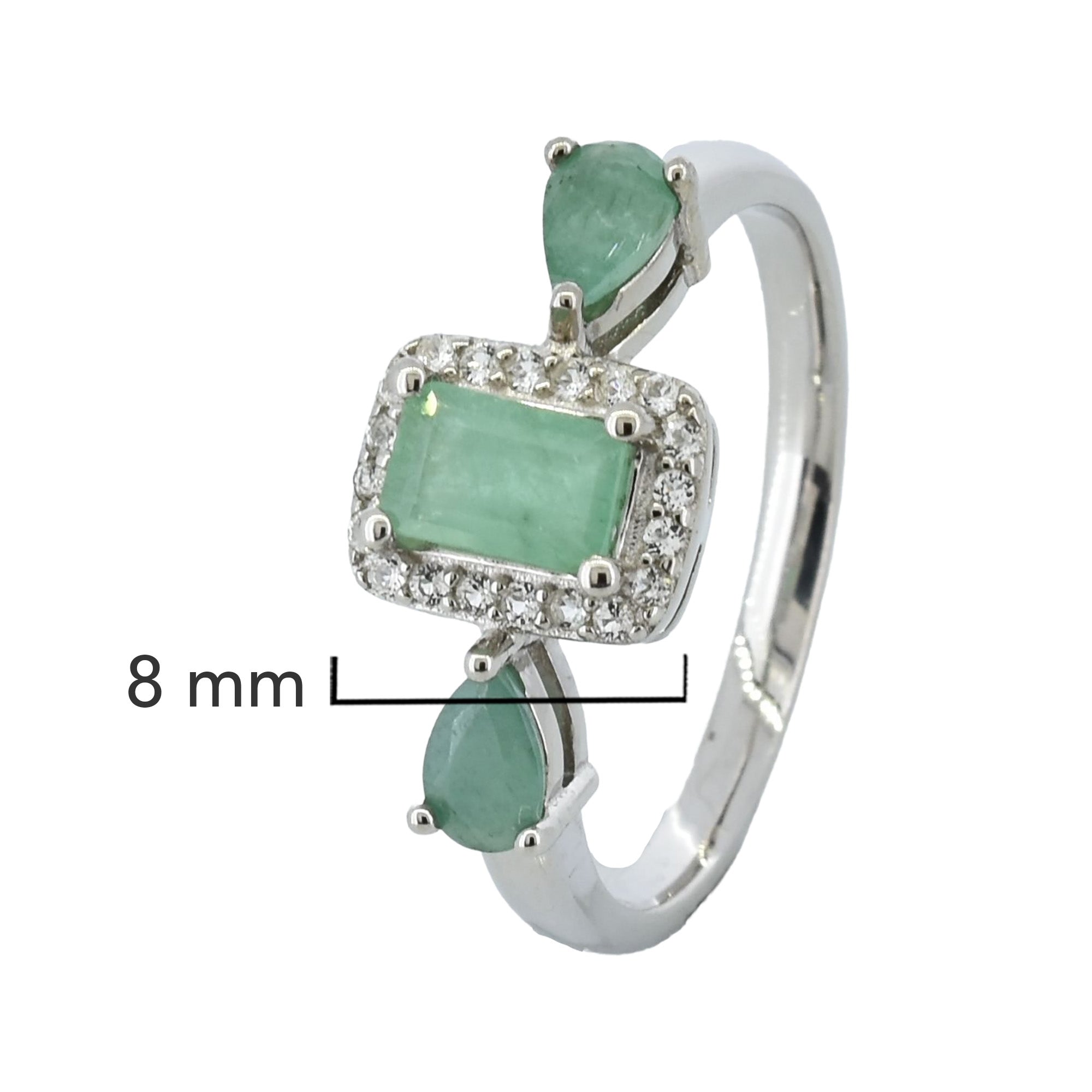 Anillo Piedras Preciosas Esmeralda Rectangular con Circonias y 2 Esmeraldas en Gota, Plata .925 con Baño de Rodio