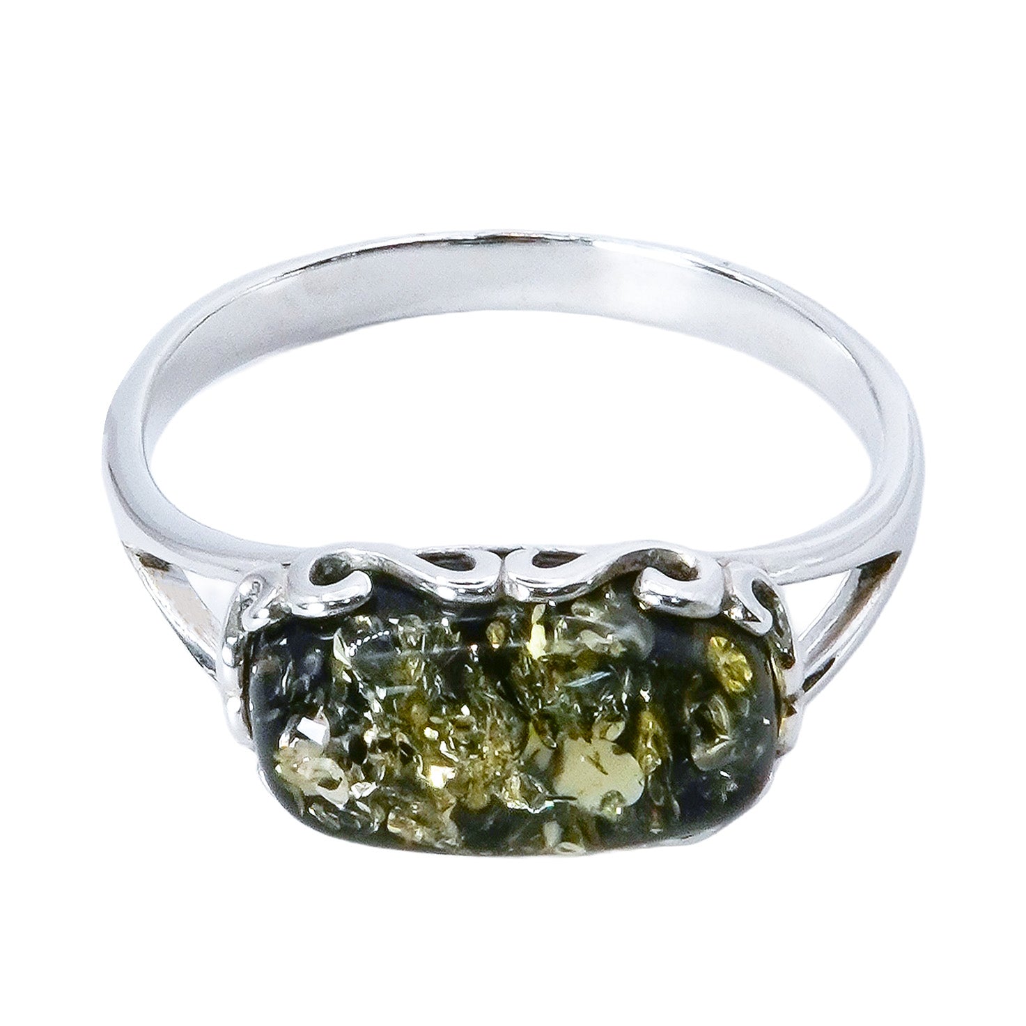 Anillo Ámbar Verde Polaco en Forma Rectangular Plata .925