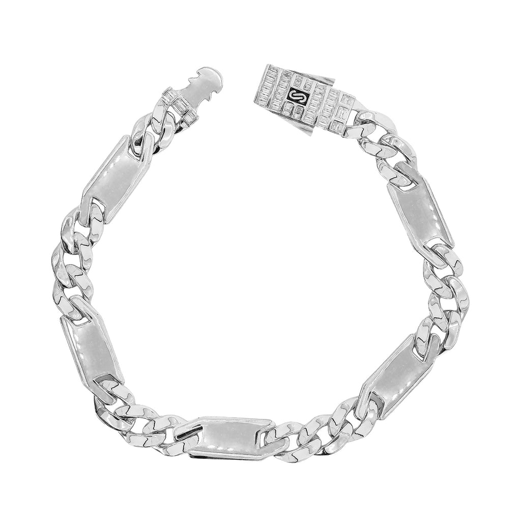 Pulso Inspirado Mónaco Macizo Cubano Liso 7mm y Placas Lisas Con Broche Circonias Blancas Baguette  Plata .925 con Baño de Rodio