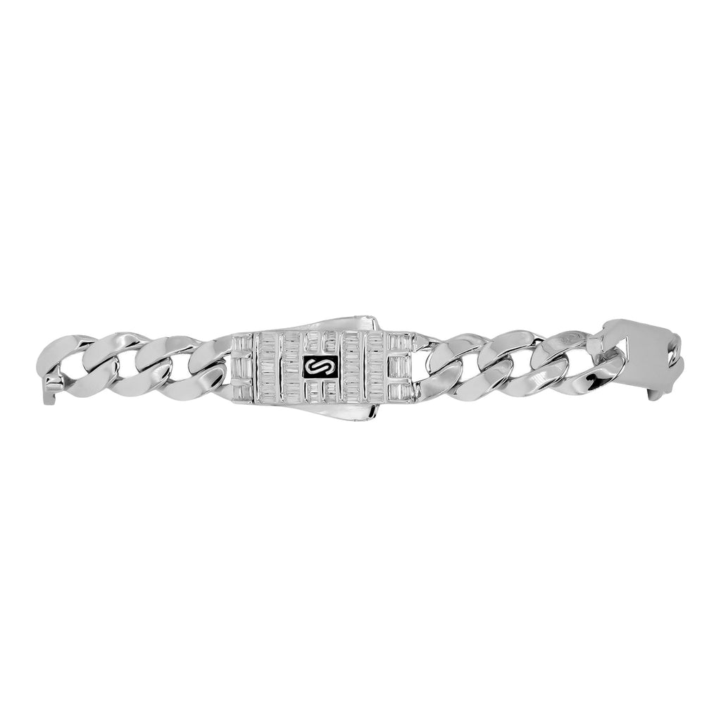 Pulso Inspirado Mónaco Macizo Cubano Liso 7mm y Placas Lisas Con Broche Circonias Blancas Baguette  Plata .925 con Baño de Rodio