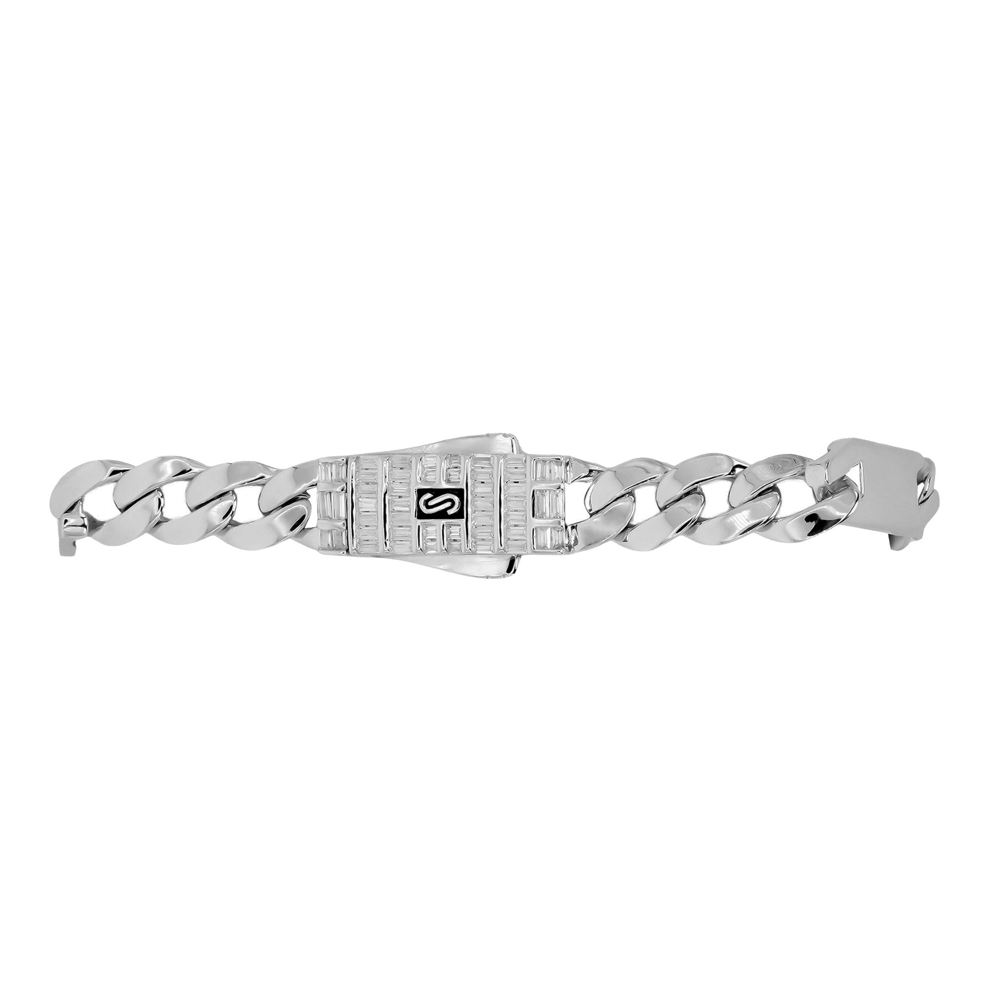 Pulso Inspirado Mónaco Macizo Cubano Liso 7mm y Placas Lisas Con Broche Circonias Blancas Baguette  Plata .925 con Baño de Rodio