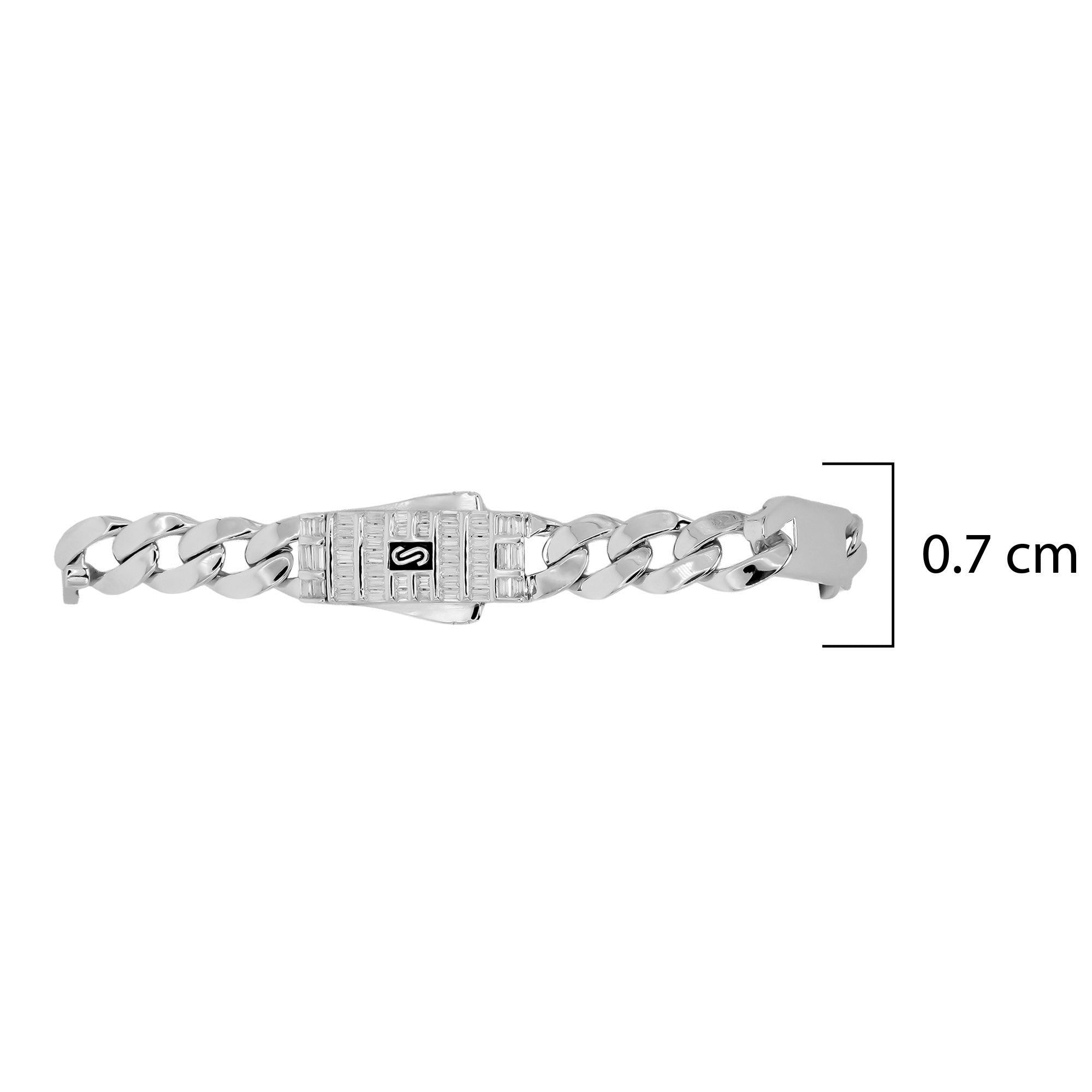 Pulso Inspirado Mónaco Macizo Cubano Liso 7mm y Placas Lisas Con Broche Circonias Blancas Baguette  Plata .925 con Baño de Rodio