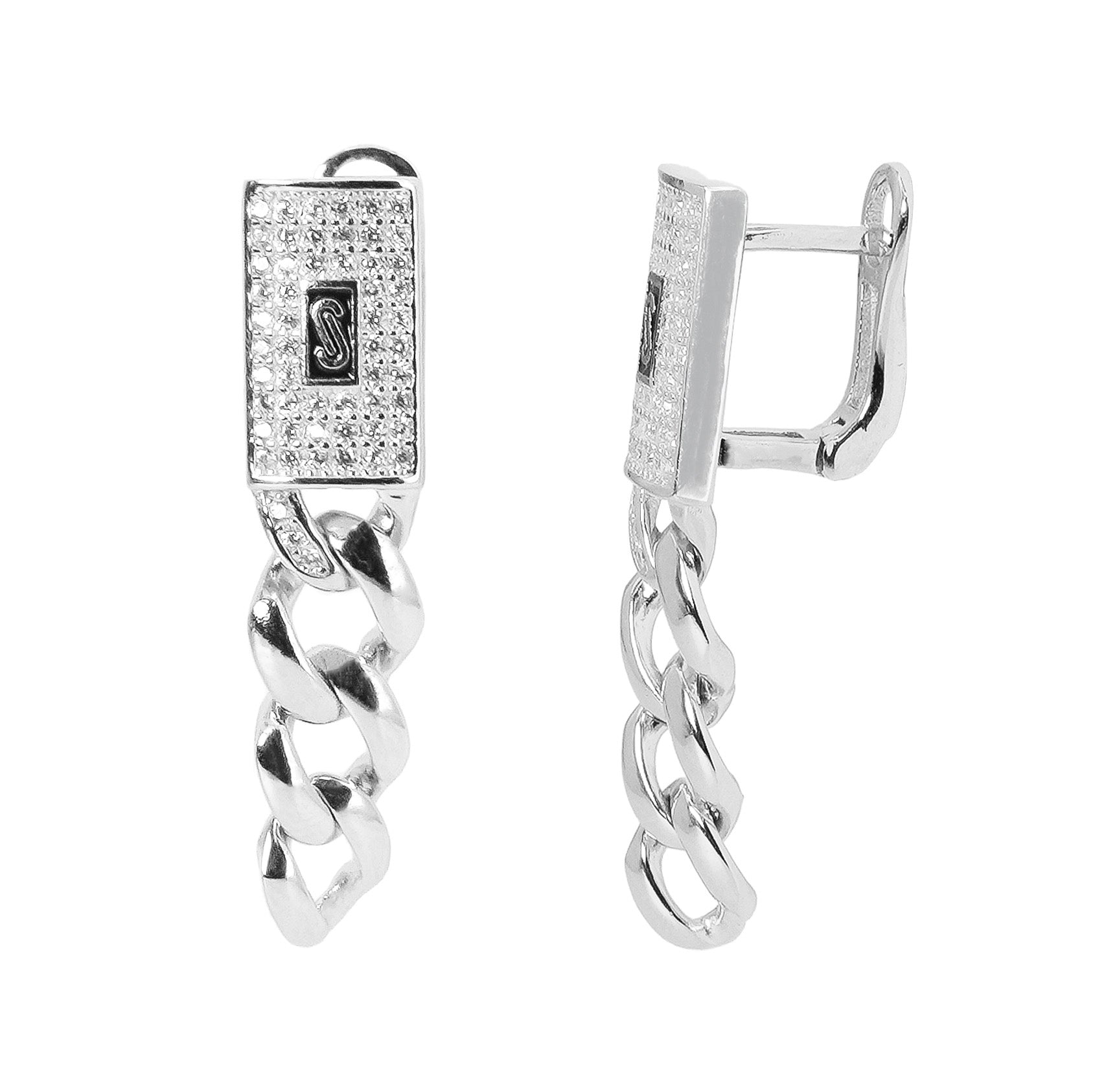 Arete Inspirado Mónaco con Circonias y Cadena Cubana, Plata .925 con Baño de Rodio