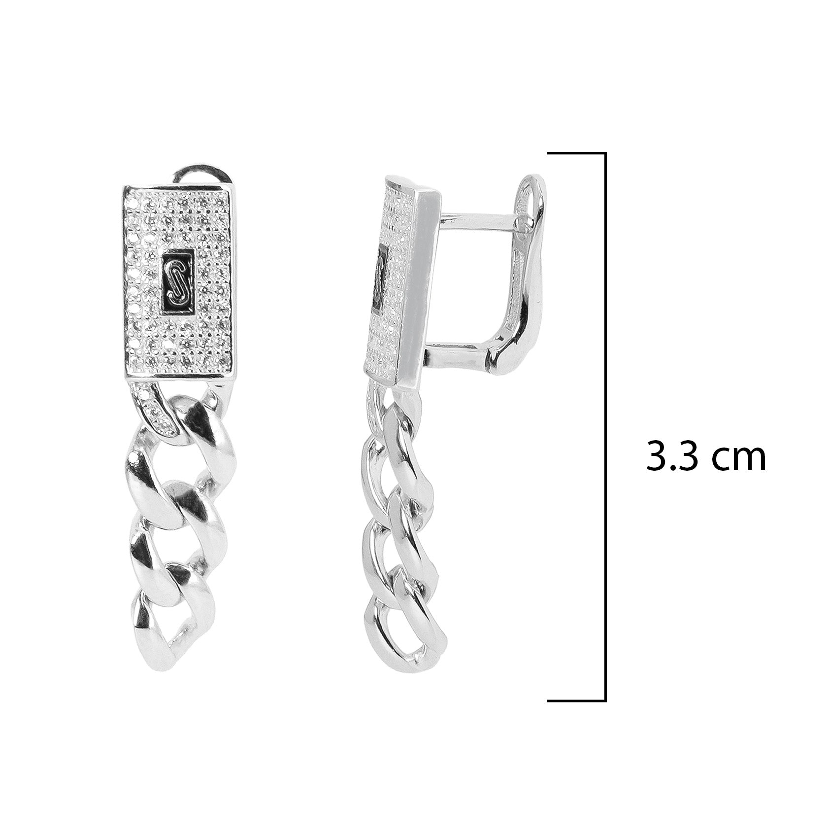 Arete Inspirado Mónaco con Circonias y Cadena Cubana, Plata .925 con Baño de Rodio