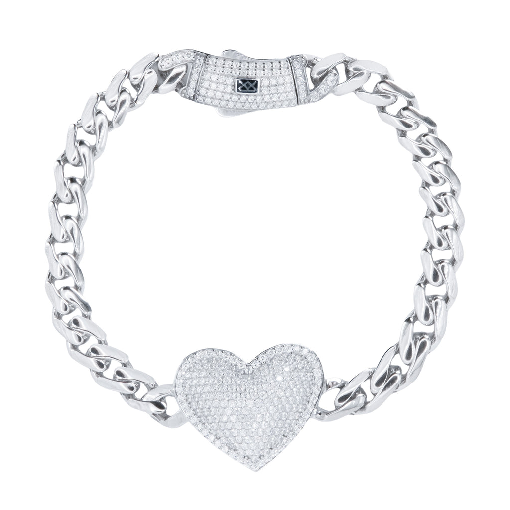 Pulsera Inspirada Mónaco 18cm Corazón Bombeado con Circonias y Cadena Cubana Plata .925 con Baño de Rodio