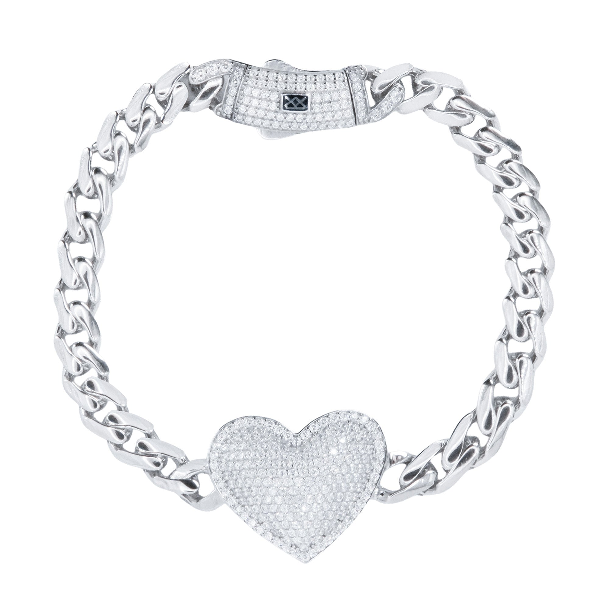 Pulsera Inspirada Mónaco 18cm Corazón Bombeado con Circonias y Cadena Cubana Plata .925 con Baño de Rodio