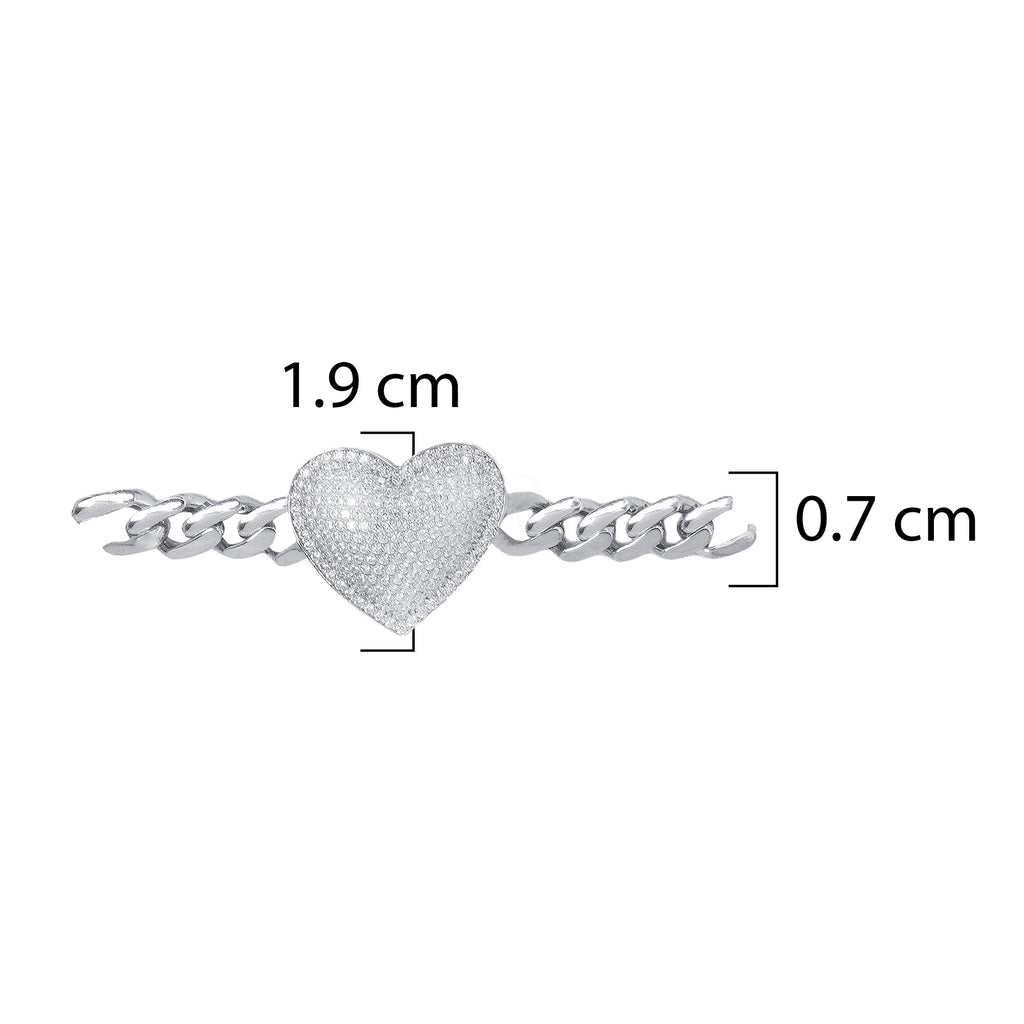 Pulsera Inspirada Mónaco 18cm Corazón Bombeado con Circonias y Cadena Cubana Plata .925 con Baño de Rodio