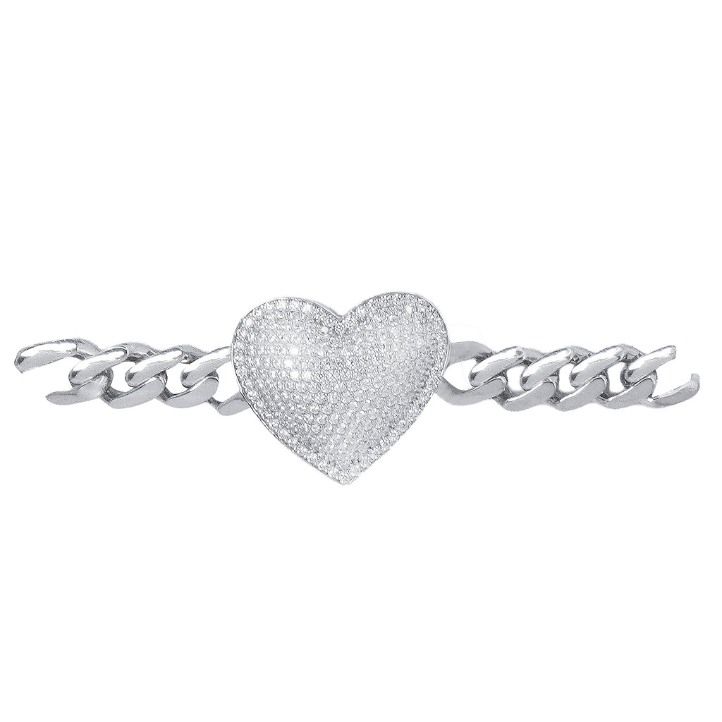 Pulsera Inspirada Mónaco 18cm Corazón Bombeado con Circonias y Cadena Cubana Plata .925 con Baño de Rodio