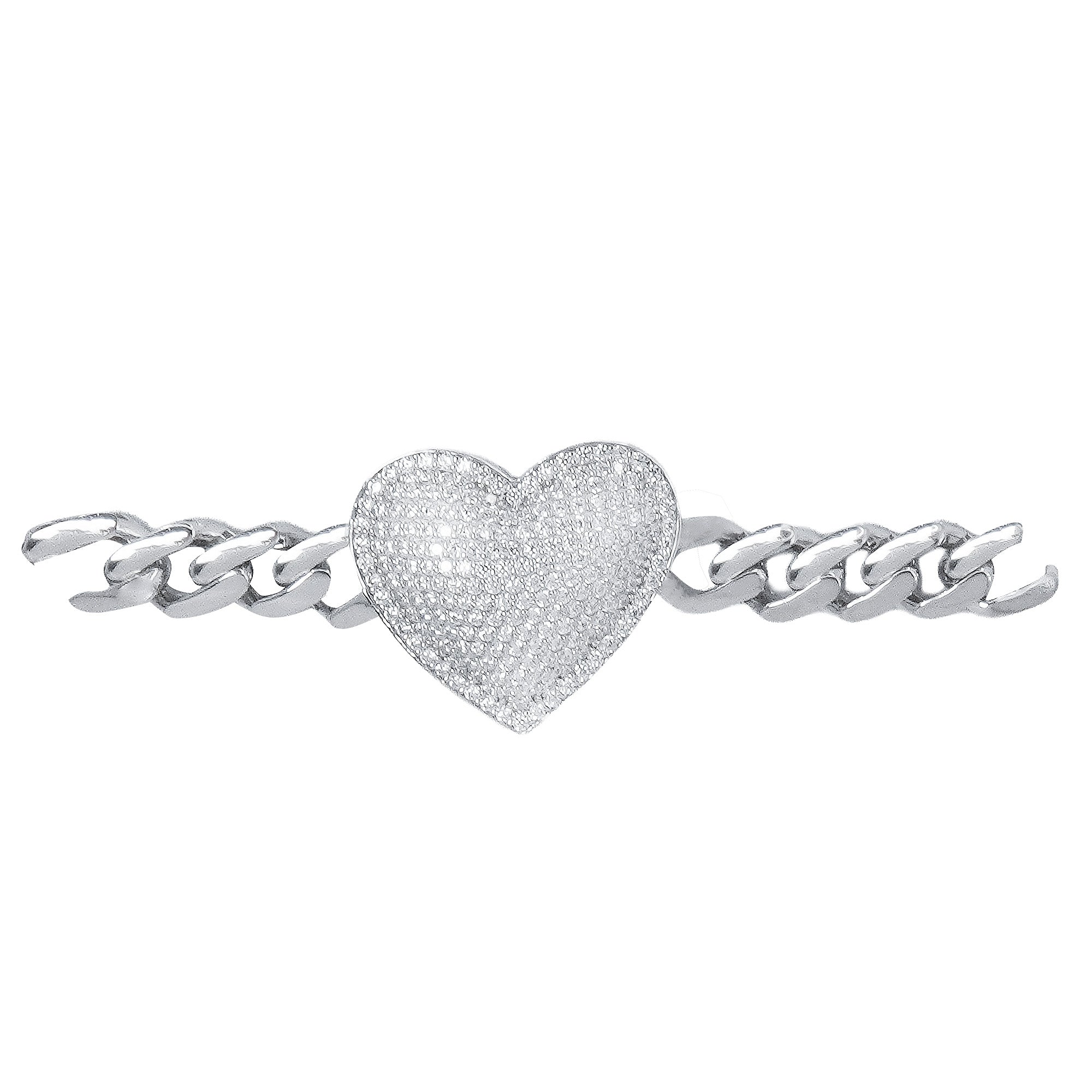Pulsera Inspirada Mónaco 18cm Corazón Bombeado con Circonias y Cadena Cubana Plata .925 con Baño de Rodio