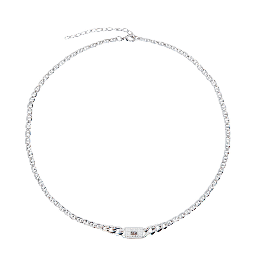 Collar Inspirado Mónaco 40 cm más Extensión a 45 cm, Dije horizontal con Circonias, Cadena Cubana en disminución y Cadena Gucci con Extensión. Plata 925 con Baño de Rodio