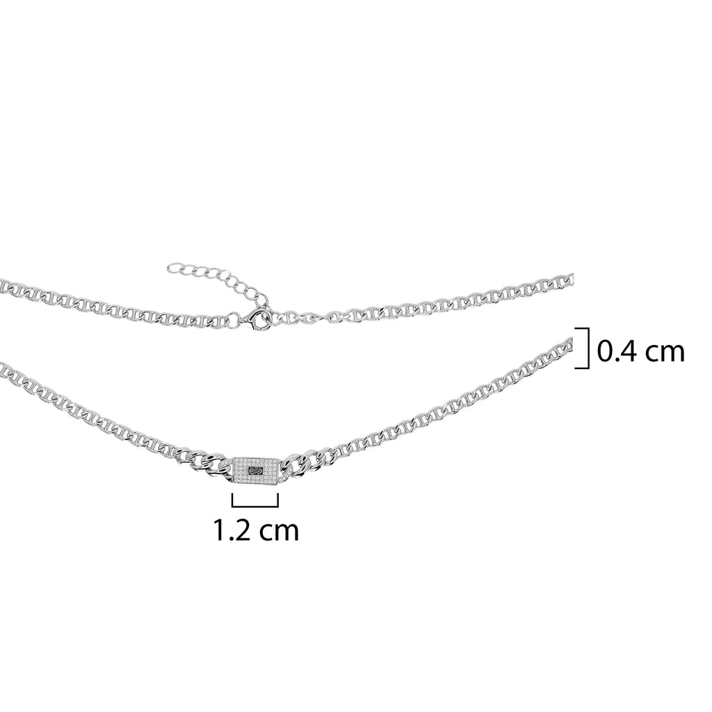 Collar Inspirado Mónaco 40 cm más Extensión a 45 cm, Dije horizontal con Circonias, Cadena Cubana en disminución y Cadena Gucci con Extensión. Plata 925 con Baño de Rodio