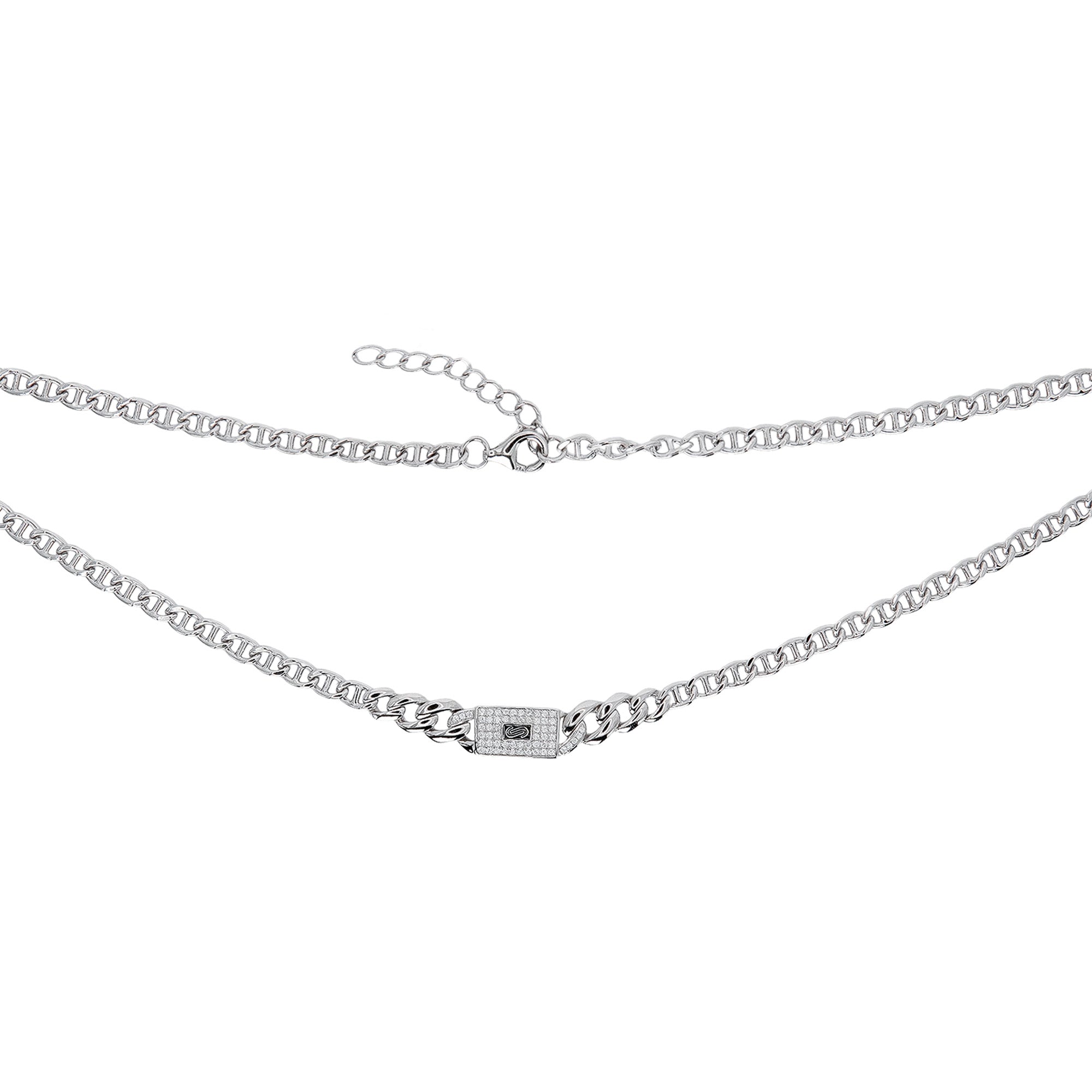 Collar Inspirado Mónaco 40 cm más Extensión a 45 cm, Dije horizontal con Circonias, Cadena Cubana en disminución y Cadena Gucci con Extensión. Plata 925 con Baño de Rodio