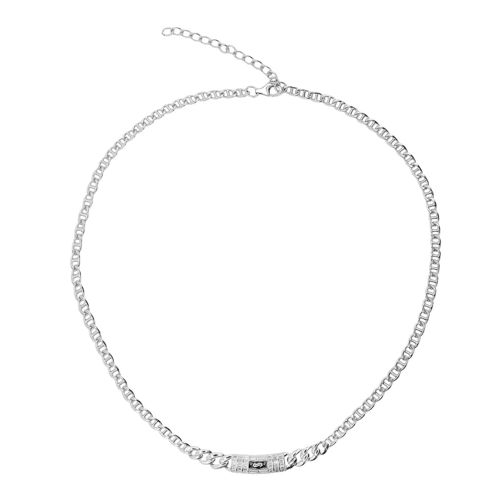Collar Inspirado Mónaco 40 cm más extensión a 45 cm, Circonias Baguette con Cadena Cubana en disminución y Cadena Gucci. Plata .925 con Baño de Rodio