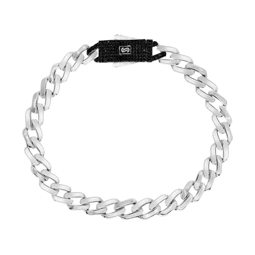 Pulso Inspirado Mónaco Macizo Cubano 7mm, Broche Circonias Negras Plata.925 con Baño de Rodio