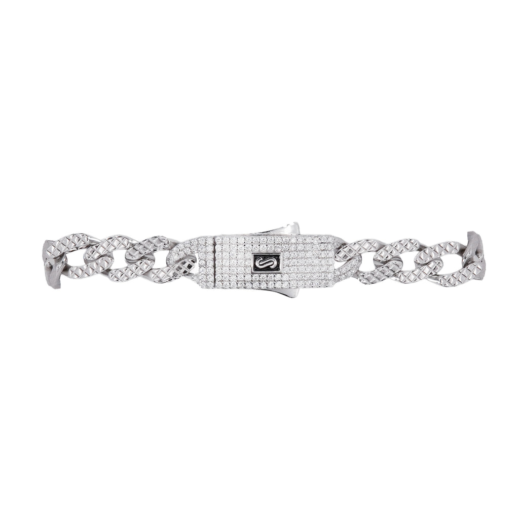 Pulso Inspirado Mónaco Macizo Cubano Martillado 7mm Broche con Circonias Blancas, Plata .925 con Baño de Rodio