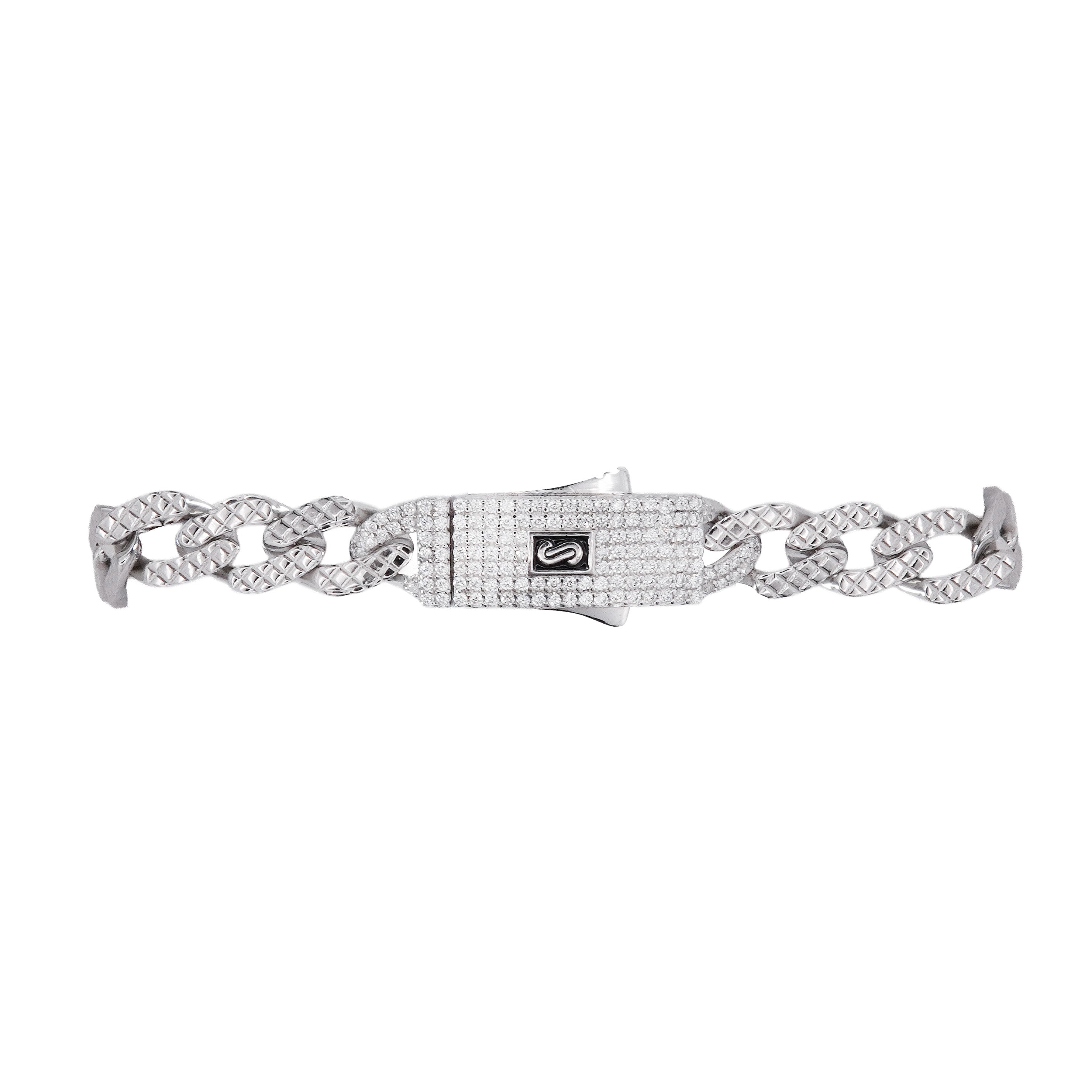 Pulso Inspirado Mónaco Macizo Cubano Martillado 7mm Broche con Circonias Blancas, Plata .925 con Baño de Rodio