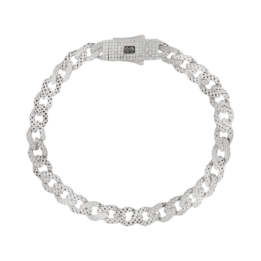 Pulso Inspirado Mónaco Macizo Cubano Martillado 7mm Broche con Circonias Blancas, Plata .925 con Baño de Rodio