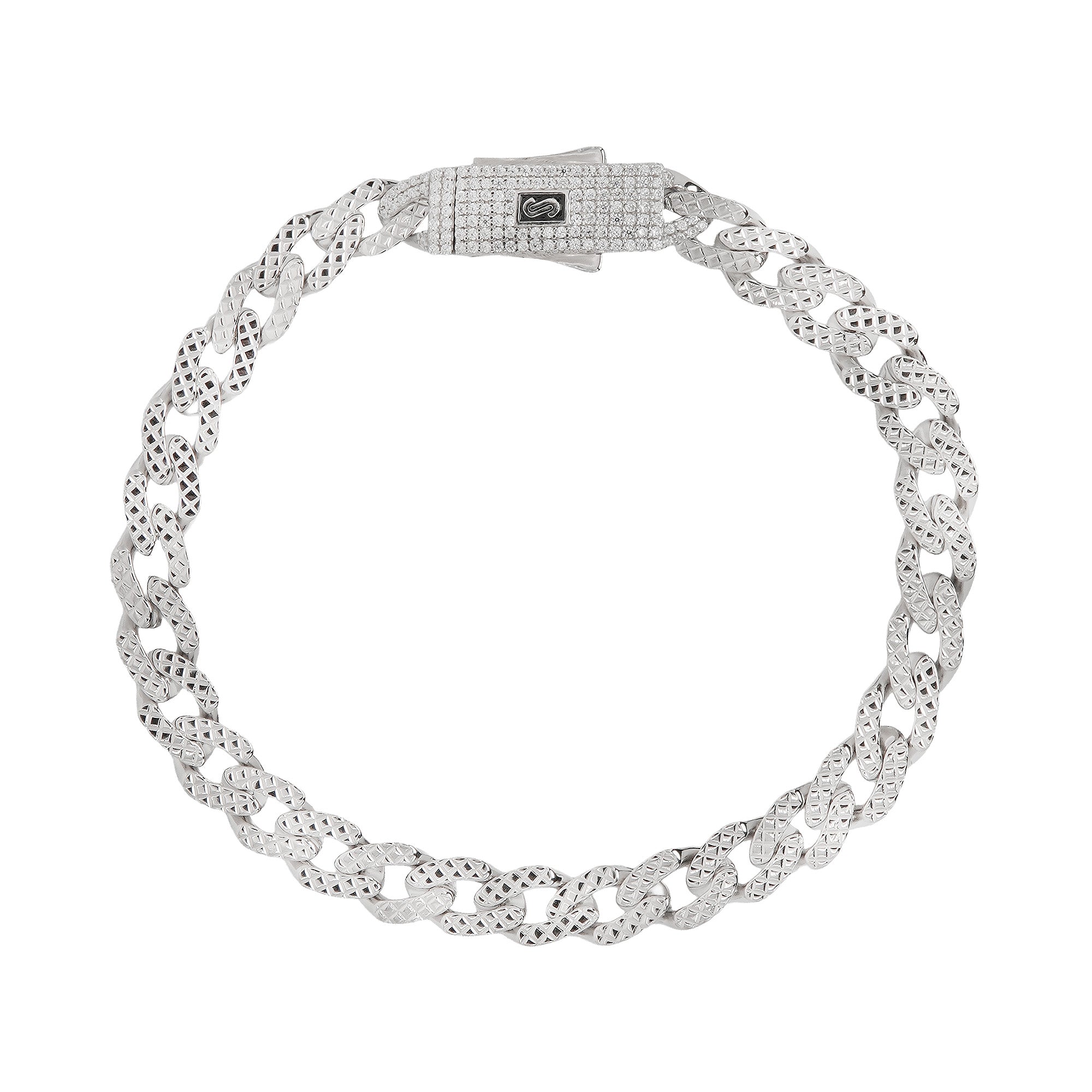 Pulso Inspirado Mónaco Macizo Cubano Martillado 7mm Broche con Circonias Blancas, Plata .925 con Baño de Rodio
