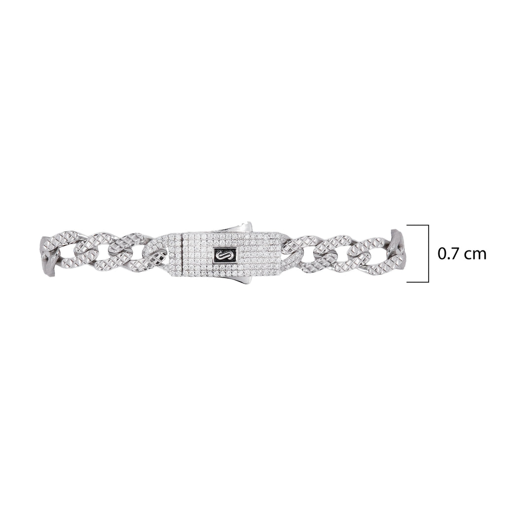 Pulso Inspirado Mónaco Macizo Cubano Martillado 7mm Broche con Circonias Blancas, Plata .925 con Baño de Rodio