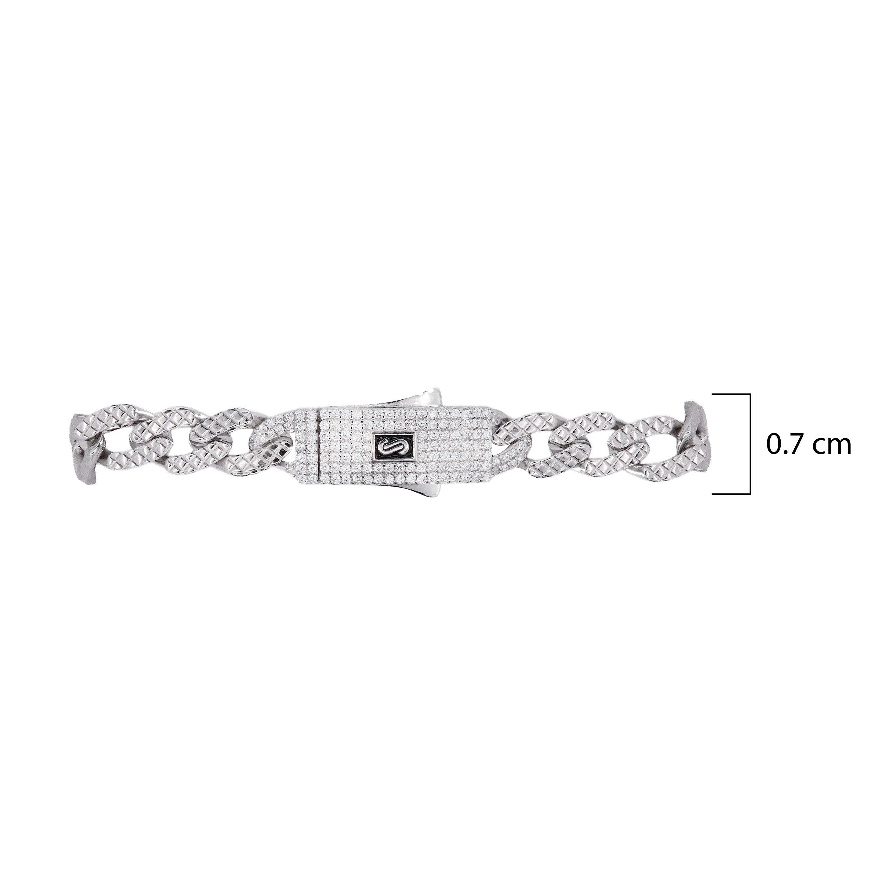 Pulso Inspirado Mónaco Macizo Cubano Martillado 7mm Broche con Circonias Blancas, Plata .925 con Baño de Rodio