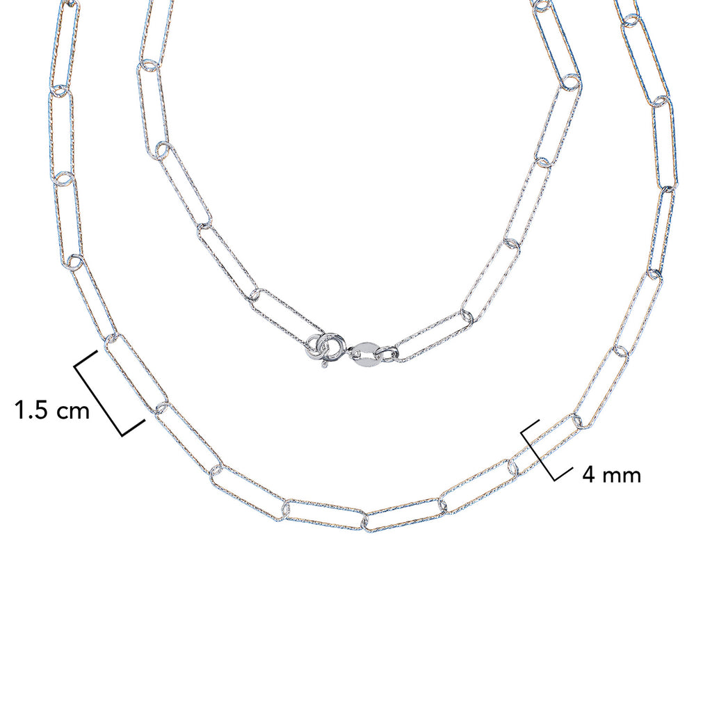 Cadena Paper Clip Eslabon 1.4 cm Grande 4mm Diamantada. Broche Bandola, Plata .925