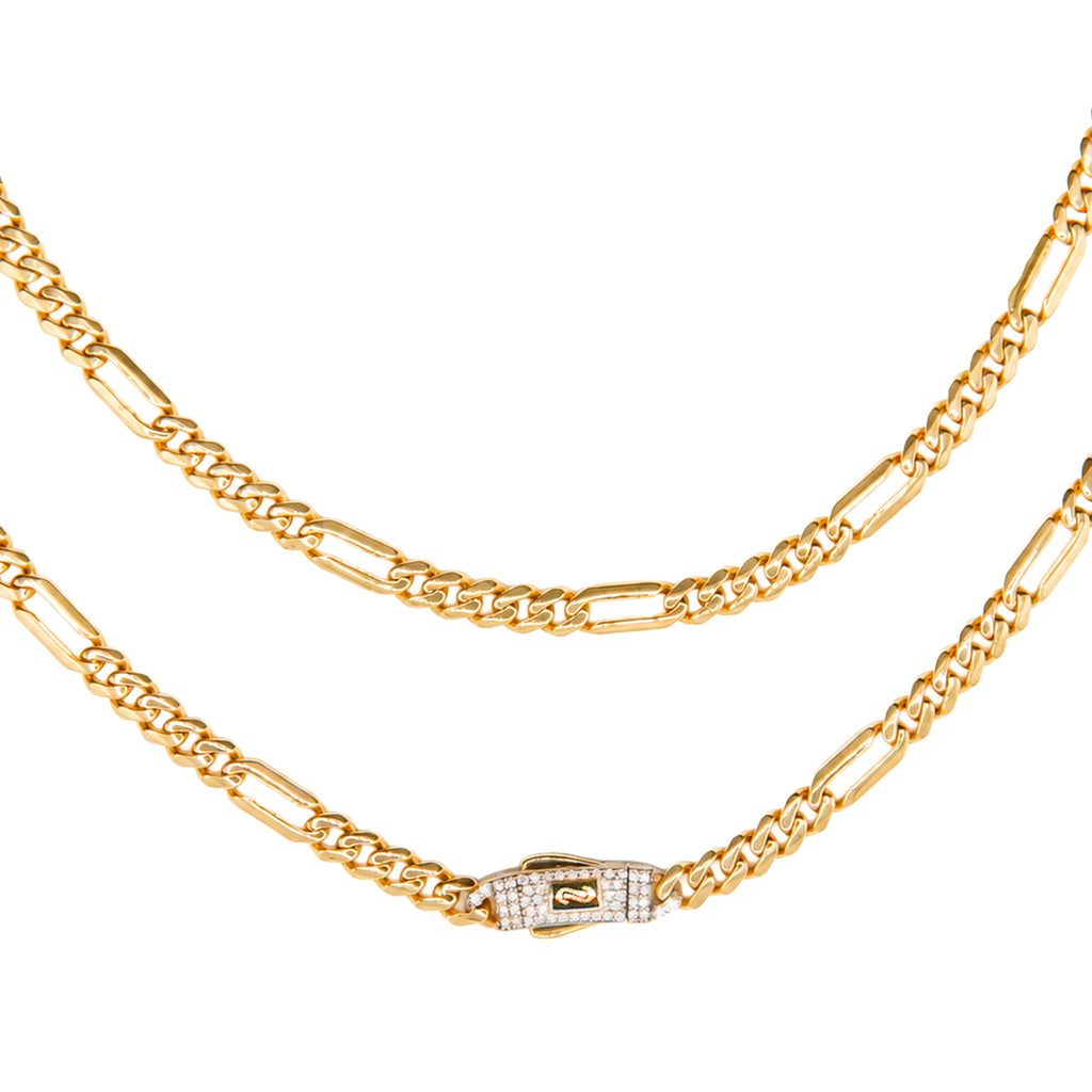 Collar Mónaco Chain Original Cubano con Eslabón Largo Liso, tipo Cartier 5mm, 50 cm. Broche Circonias. Oro 14k