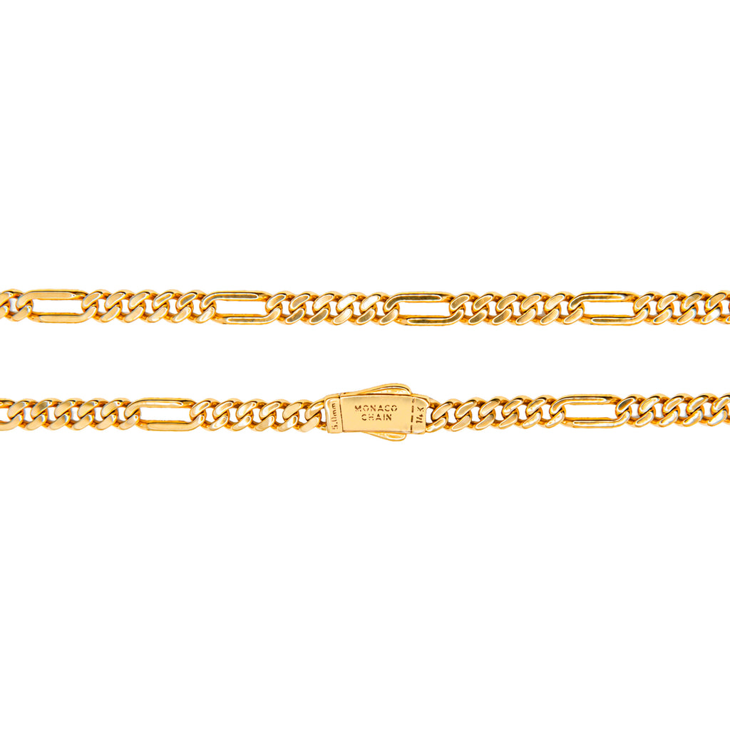 Collar Mónaco Chain Original Cubano con Eslabón Largo Liso, tipo Cartier 5mm, 50 cm. Broche Circonias. Oro 14k