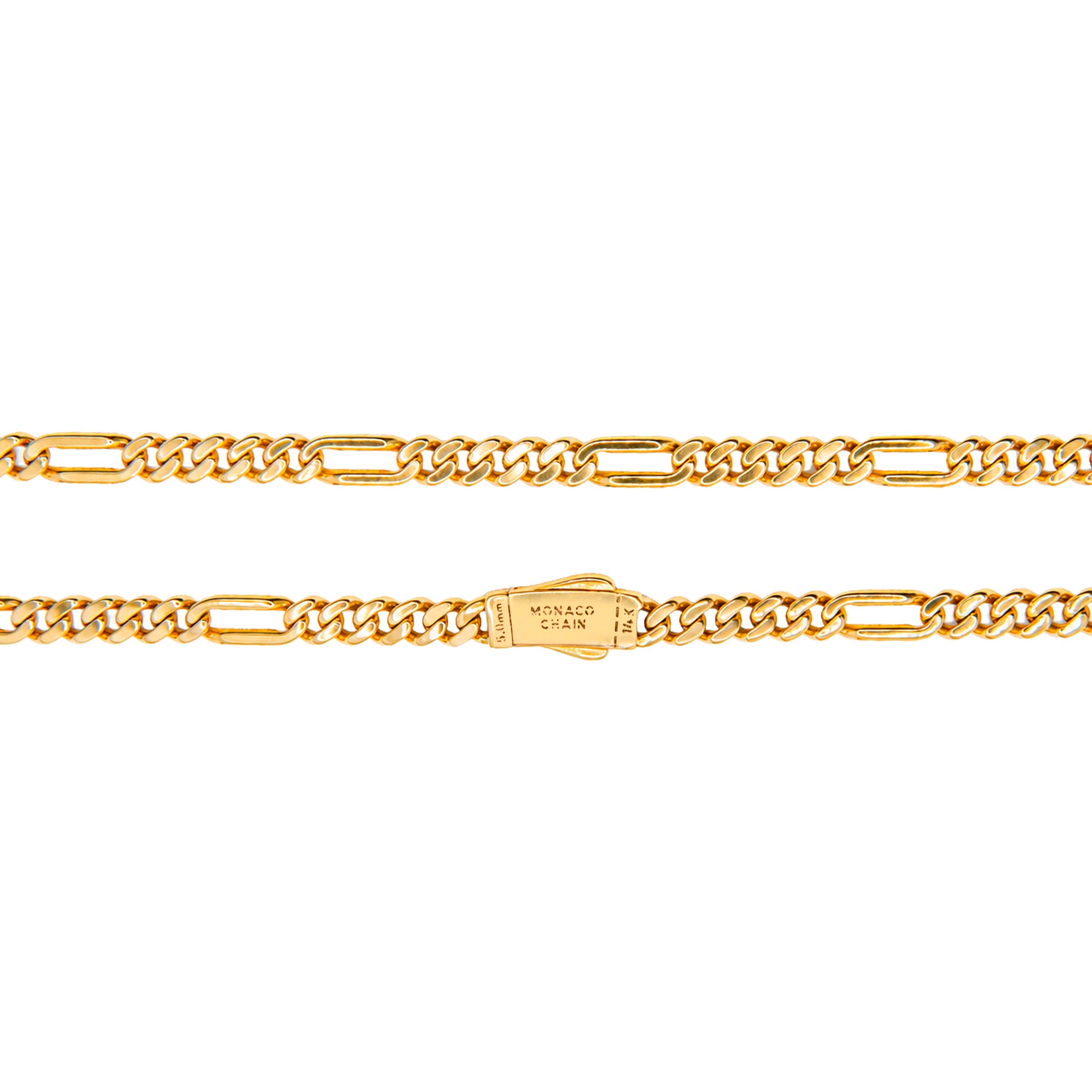 Collar Mónaco Chain Original Cubano con Eslabón Largo Liso, tipo Cartier 5mm, 50 cm. Broche Circonias. Oro 14k