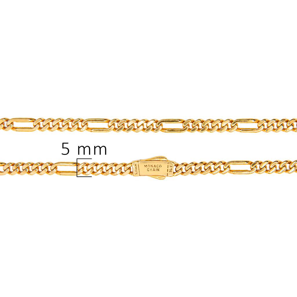 Collar Mónaco Chain Original Cubano con Eslabón Largo Liso, tipo Cartier 5mm, 50 cm. Broche Circonias. Oro 14k