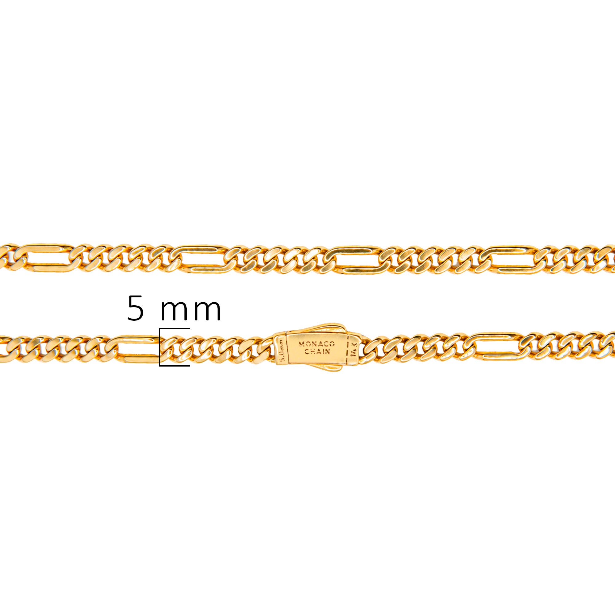 Collar Mónaco Chain Original Cubano con Eslabón Largo Liso, tipo Cartier 5mm, 50 cm. Broche Circonias. Oro 14k