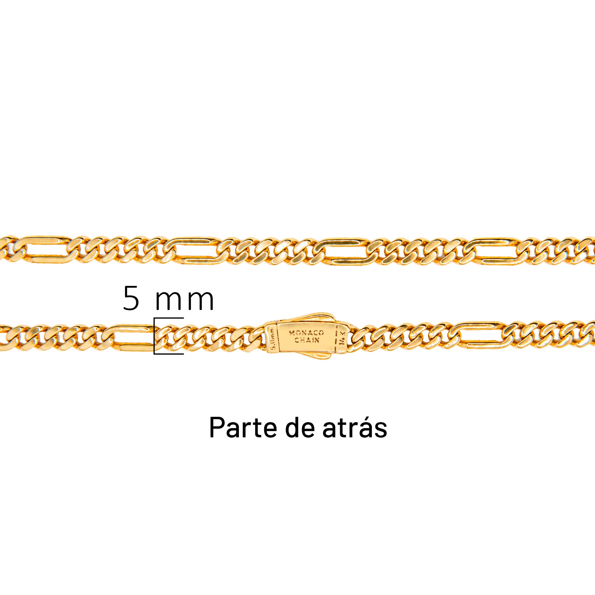 Collar Mónaco Chain Original Cubano con Eslabón Largo Liso, tipo Cartier 5mm, 50 cm. Broche Circonias. Oro 14k