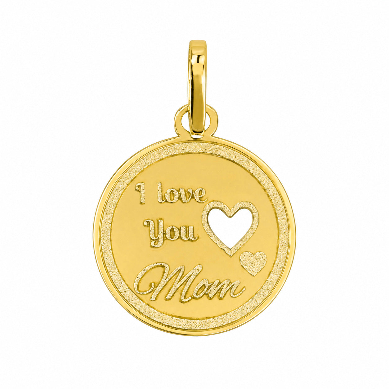 Dije Circular Corazon Grabado I LOVE YOU MOM Oro 14K