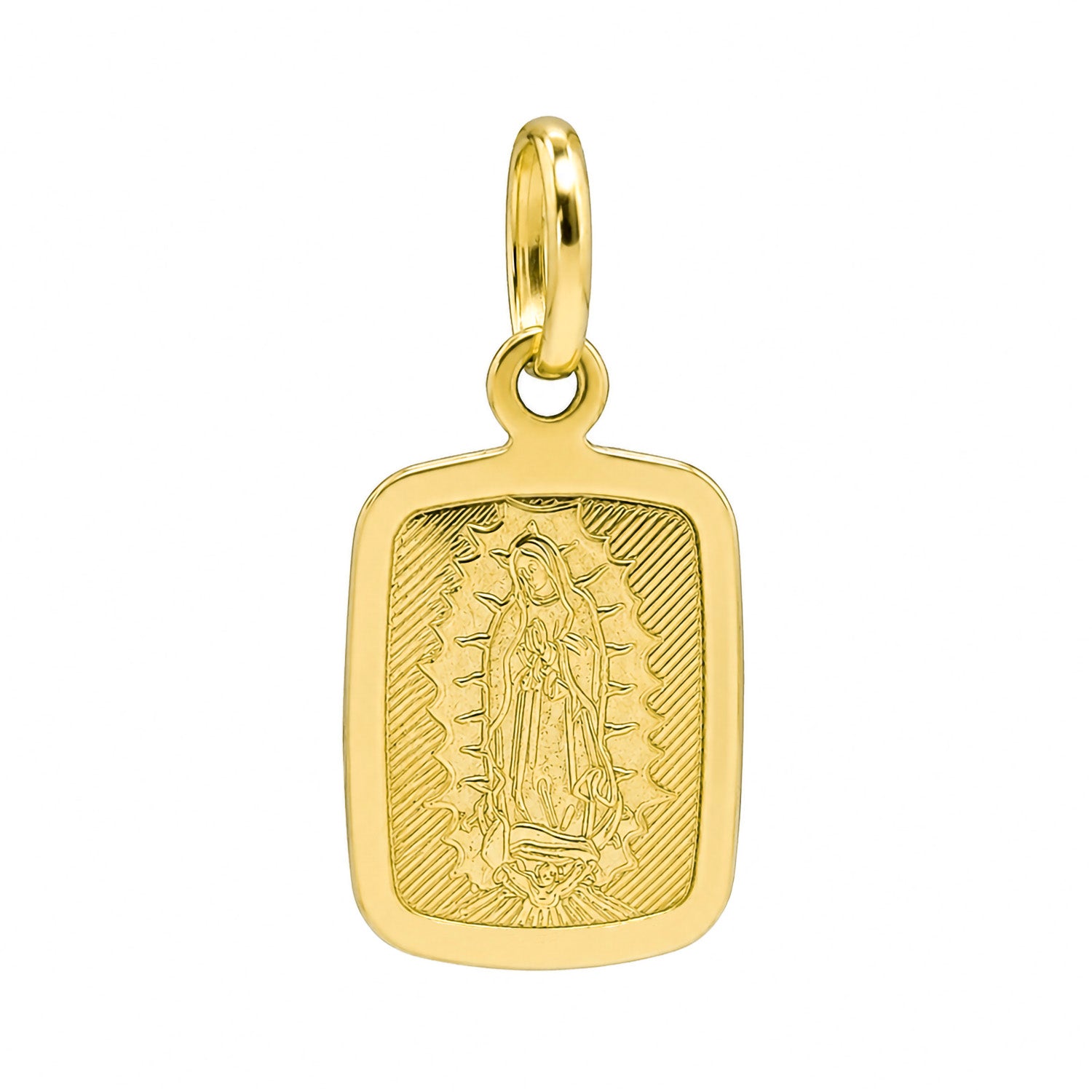 Dije Medalla Bombeada Rectangular Virgen de Guadalupe Oro 14K