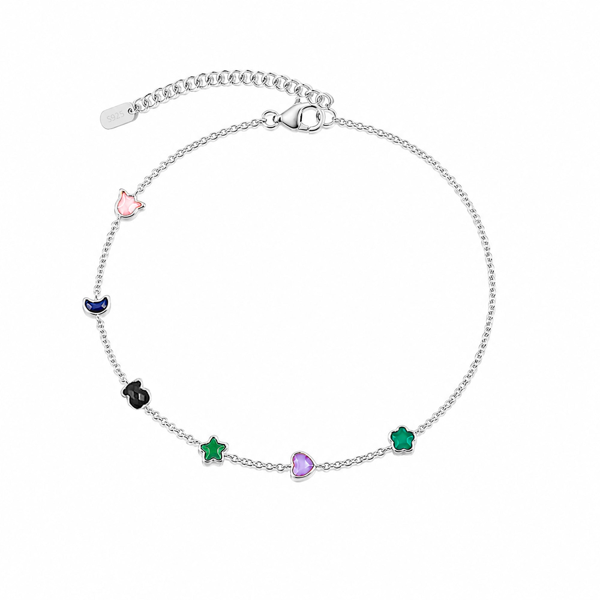 Pulsera Osos 1:1 Piedras Naturales Formas Ágata, Cuarzo Rosa, Amatista, Ónix Plata .925 con Baño de Rodio
