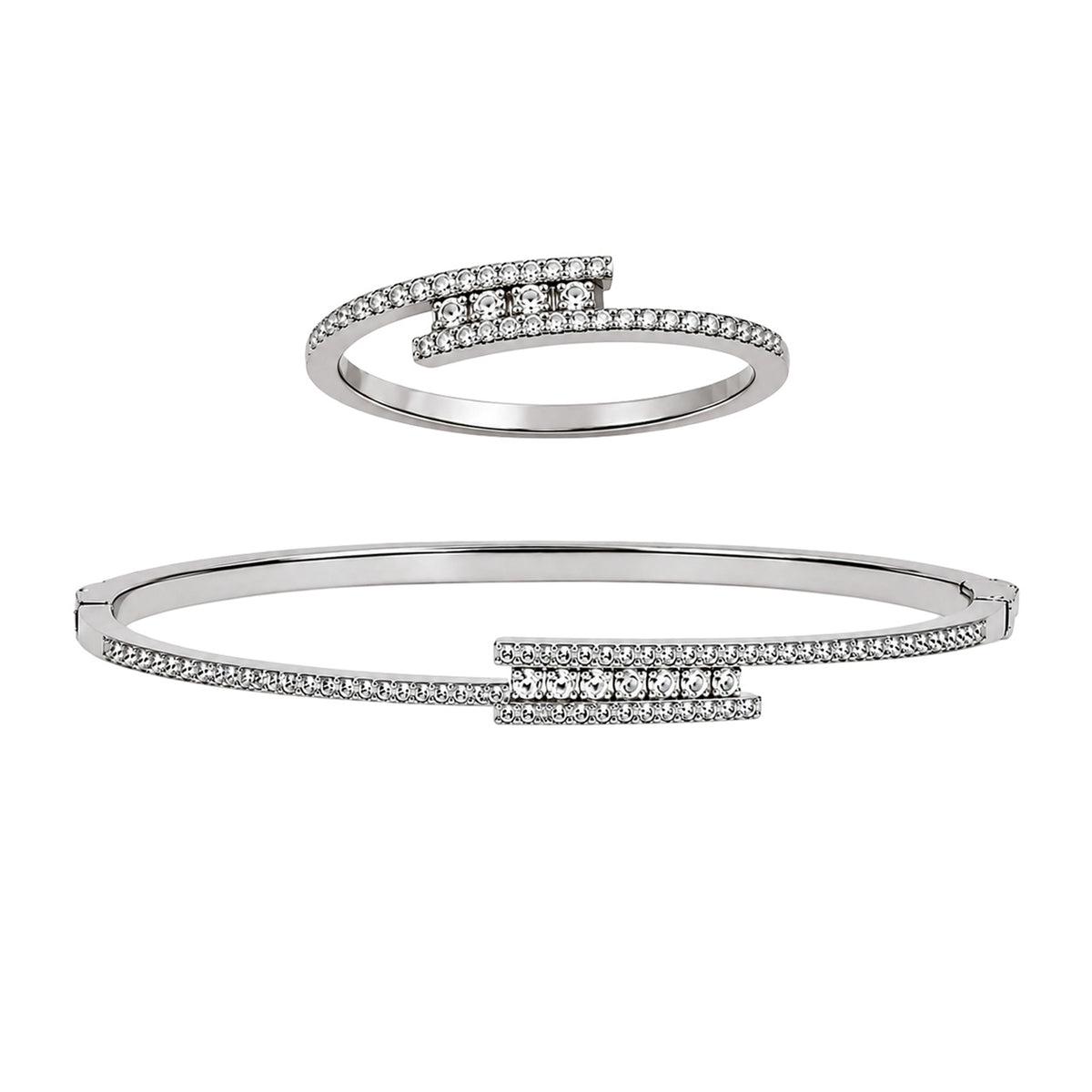 Juego Messik 1:1 Brazalete y Anillo Cruzado con Circonias Plata .925 con Baño de Rodio