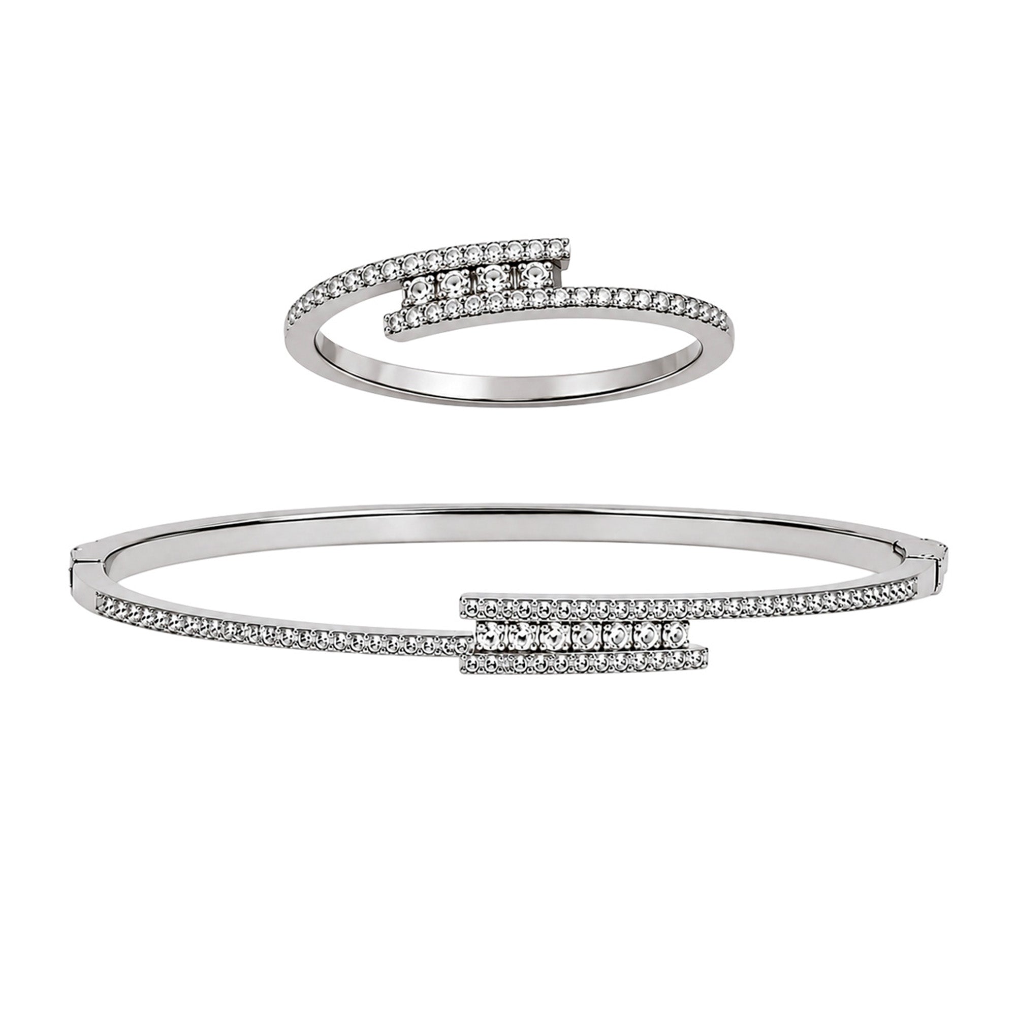 Juego Messik 1:1 Brazalete y Anillo Cruzado con Circonias Plata .925 con Baño de Rodio