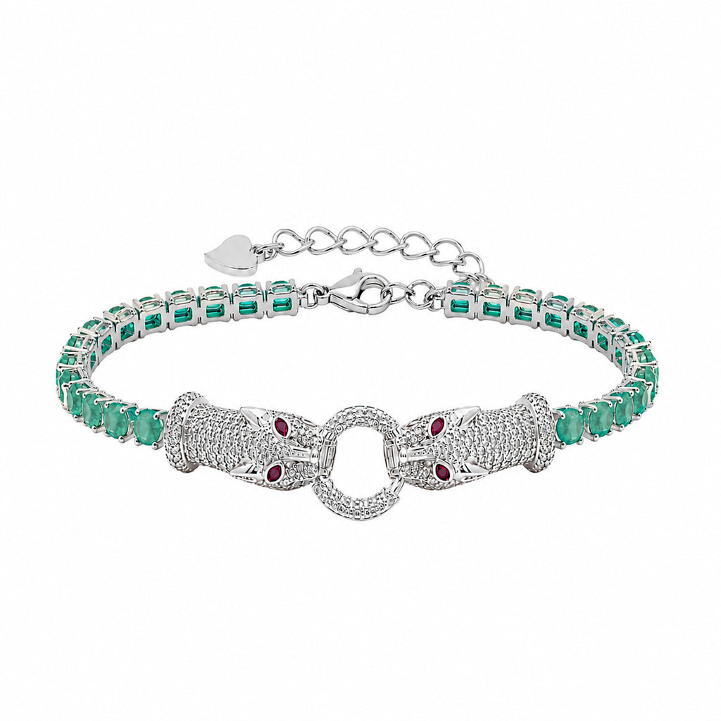 Pulsera Piedras Preciosas Maxi Jaguares Encontrados con Esmeraldas y Circonias con Extensión, 17cm más extensión a 20cm, Plata 925 con Baño de Rodio